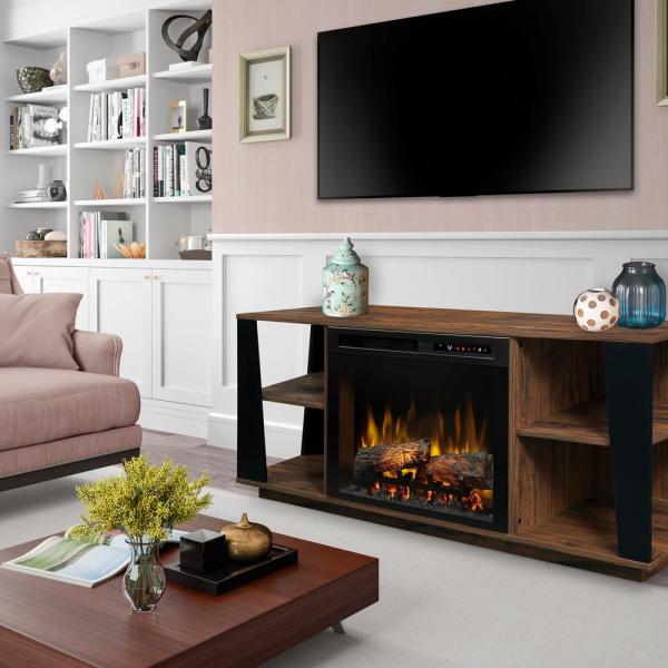 Walnut media console with electric fireplace and black front panel