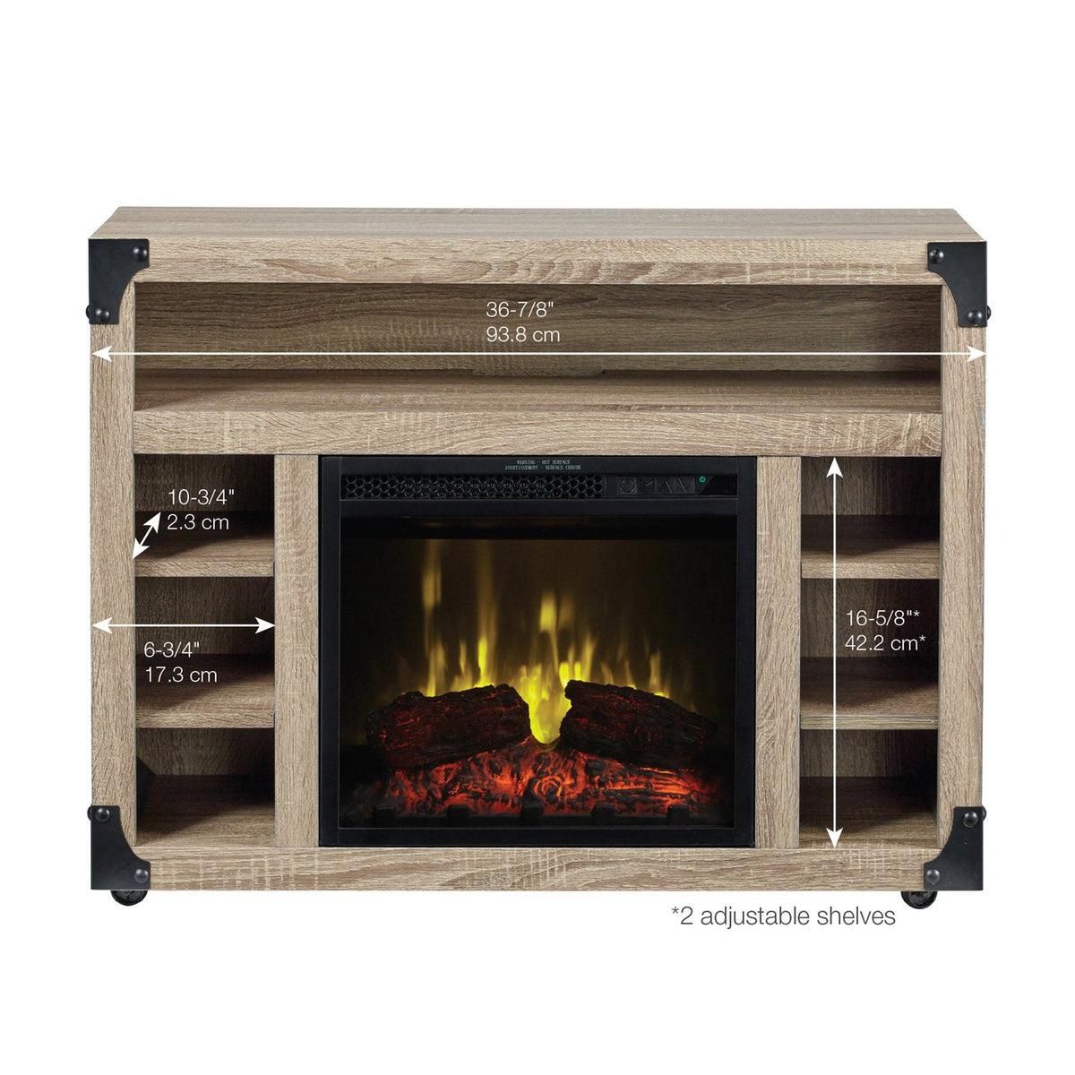 Distressed oak media console electric fireplace with adjustable shelves and size dimensions