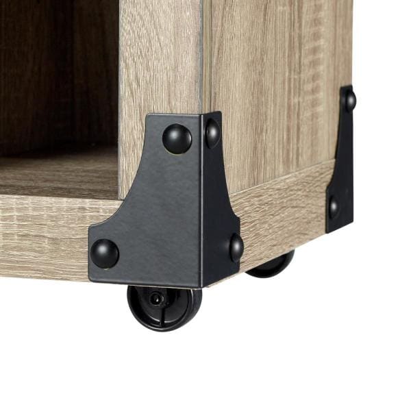 Distressed oak corner support with black wheel caster on media console base