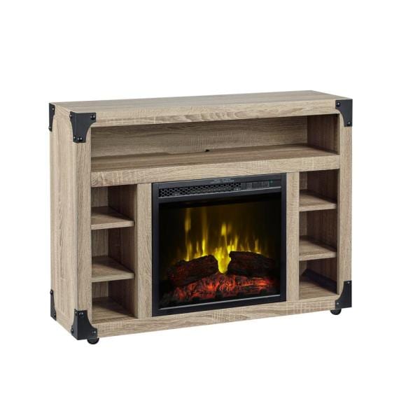 Distressed oak media console with electric fireplace and two open side shelves