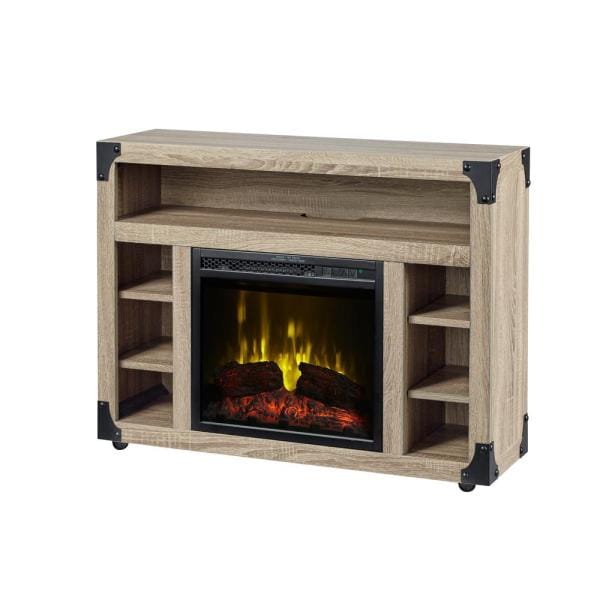 Distressed oak media console with electric fireplace and open side compartments