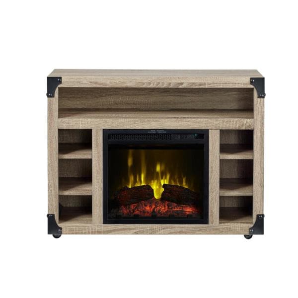 Distressed oak media console with built-in electric fireplace and open storage shelves