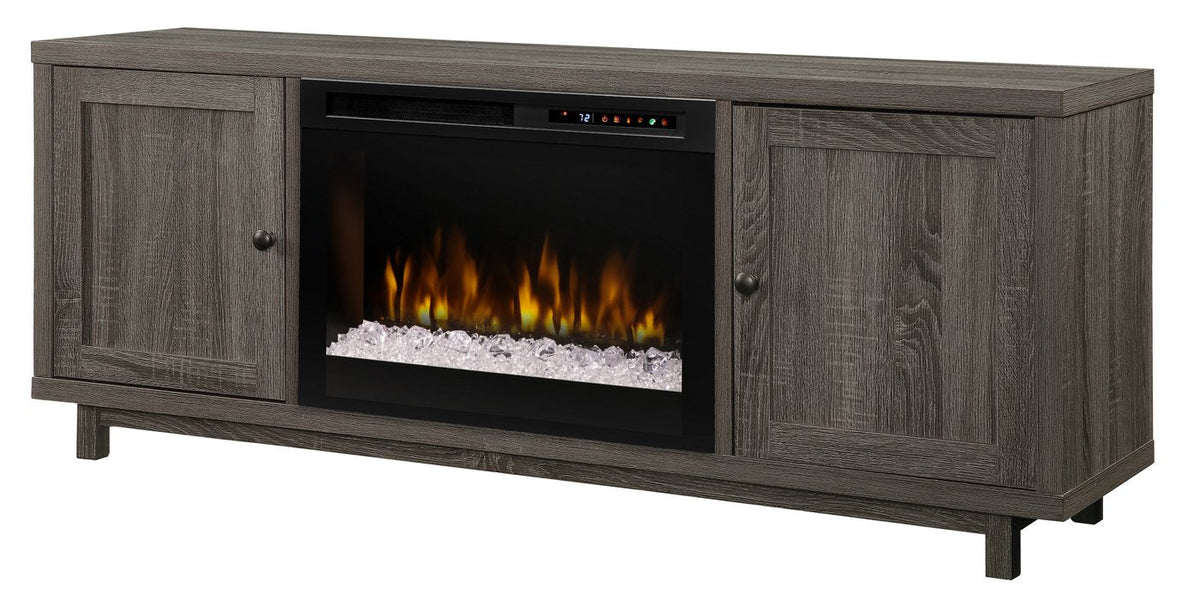 Gray electric fireplace media console with glass ember flame insert and side doors