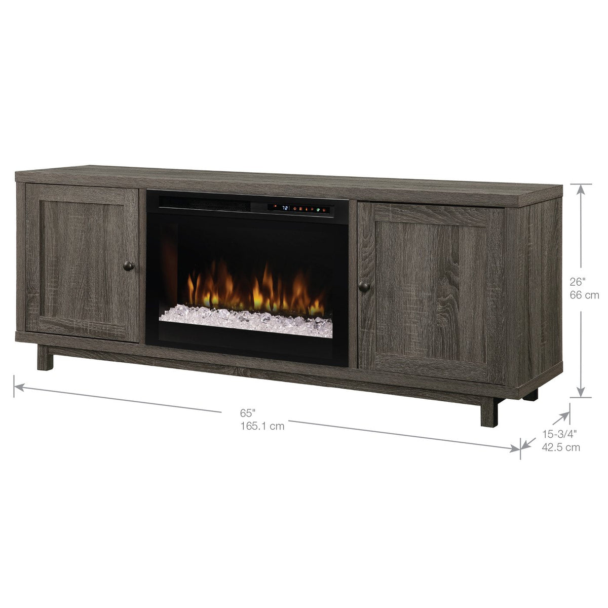 Gray 65-inch electric fireplace media console with glass ember bed, 26-inch media