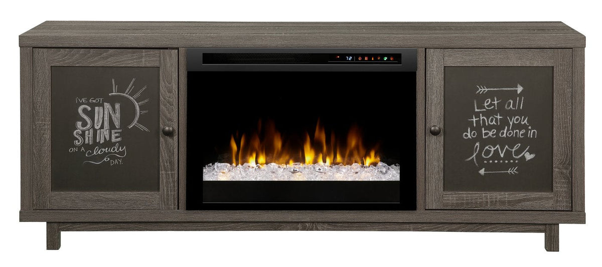 Gray electric fireplace media console with glass ember bed and two cabinet doors