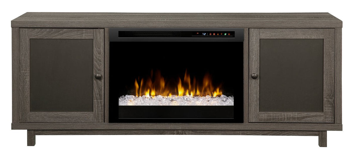 Gray electric fireplace media console with flame display and glass ember bed