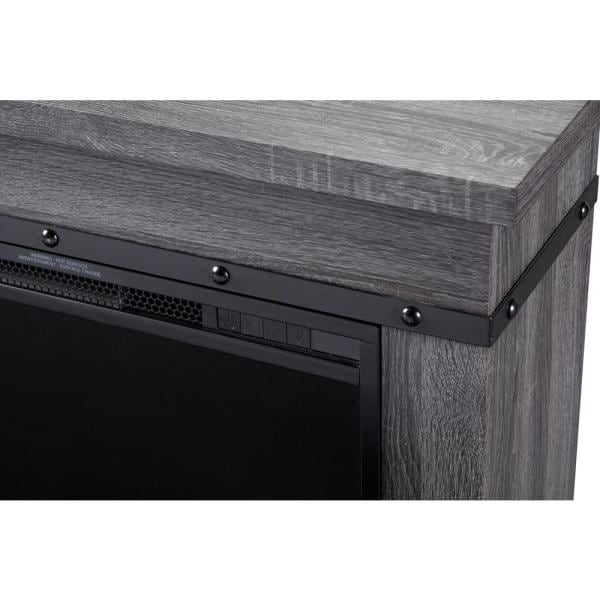 Charcoal oak fireplace mantel with black control panel strip along the front edge