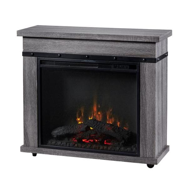 Charcoal oak electric fireplace mantel with black firebox and bright orange flame display