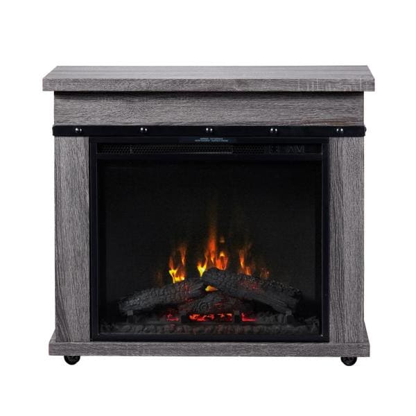 Charcoal oak electric fireplace mantel showing black firebox and glowing logs with flames