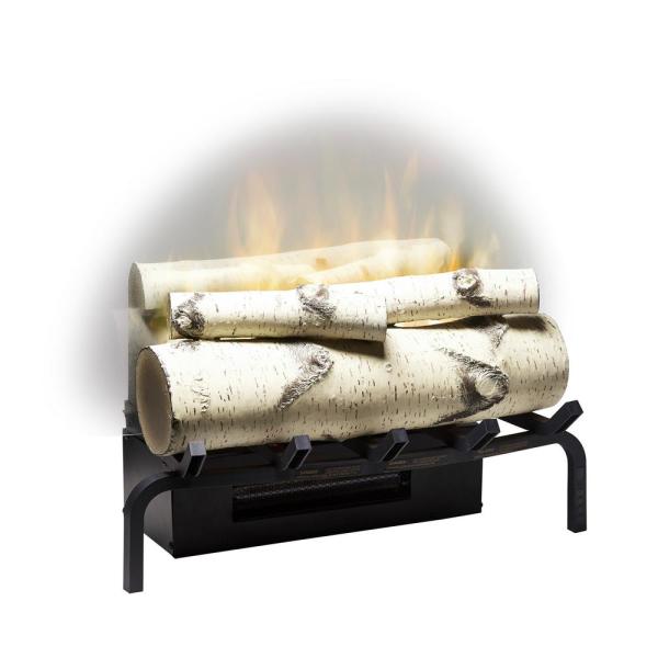 Electric firebox with birch log set, burning flame effect, and black fire frame