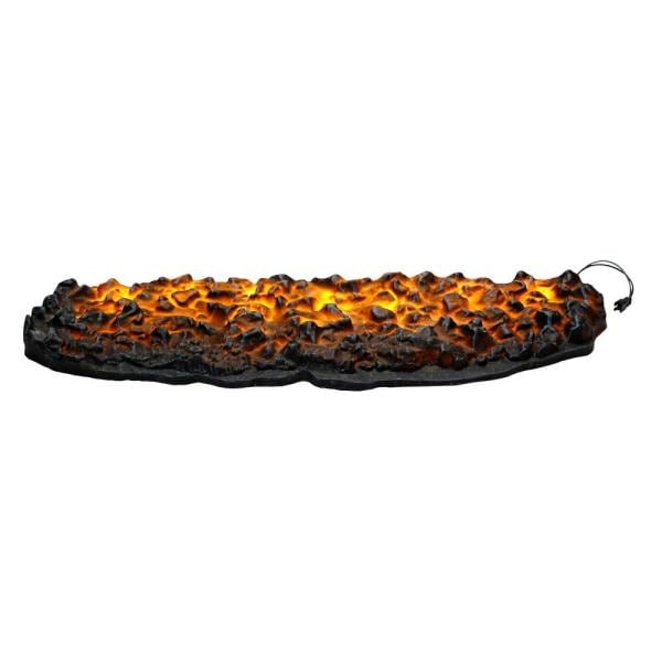 Electric fireplace log set with orange embers over black charred logs