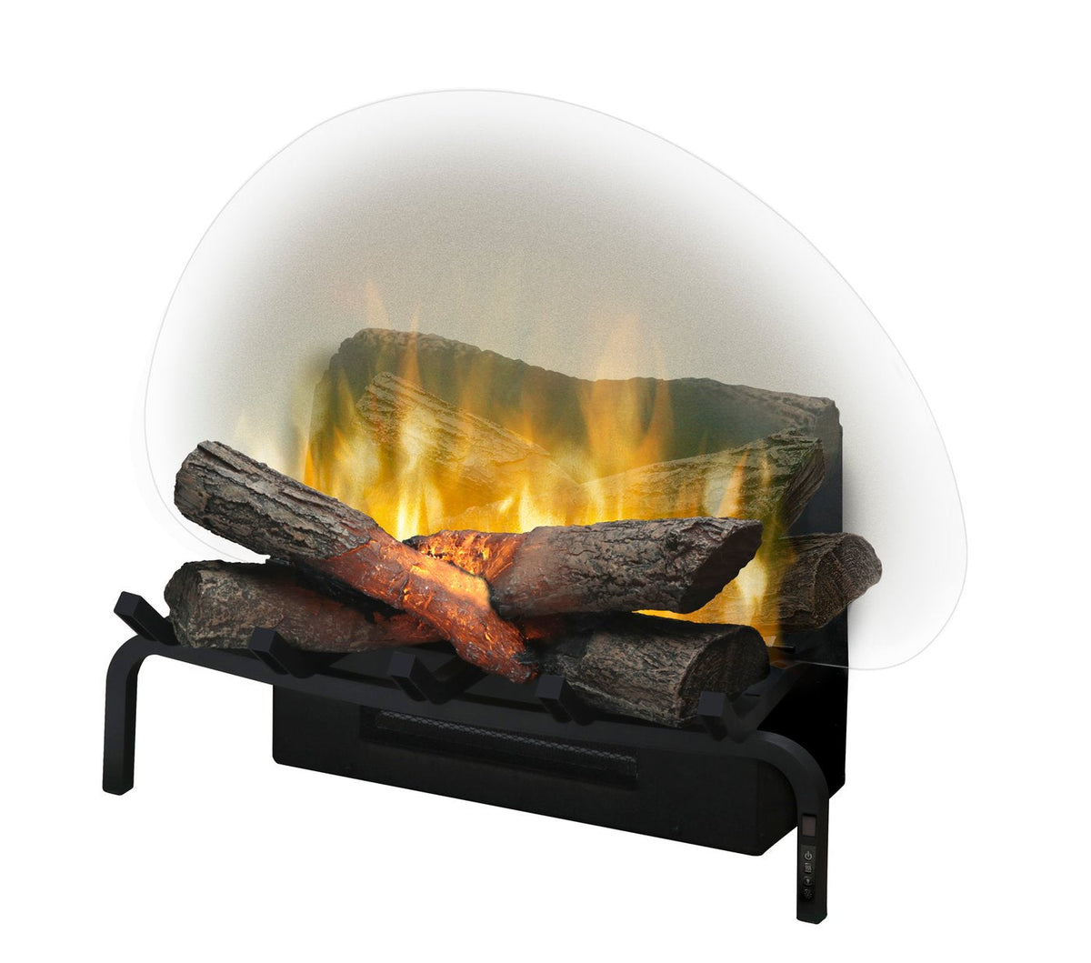 Electric fireplace log set with stacked dark logs and bright orange flames