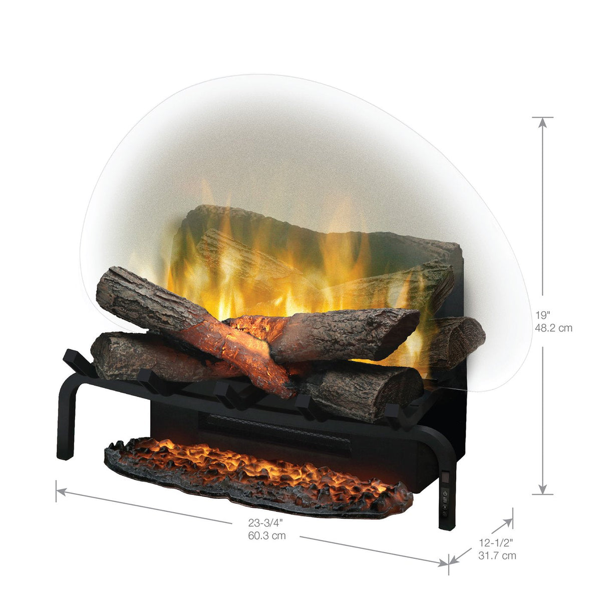 Black electric fireplace log set with glowing orange flames and dark stacked logs