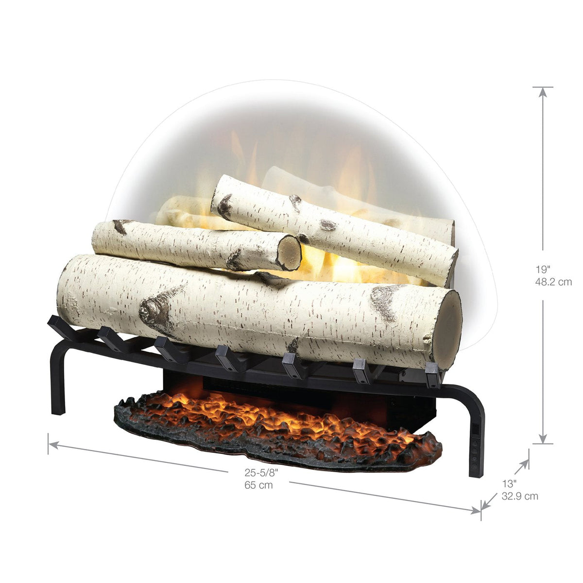 Birch log electric fireplace insert with visible flames and ember bed on black grate