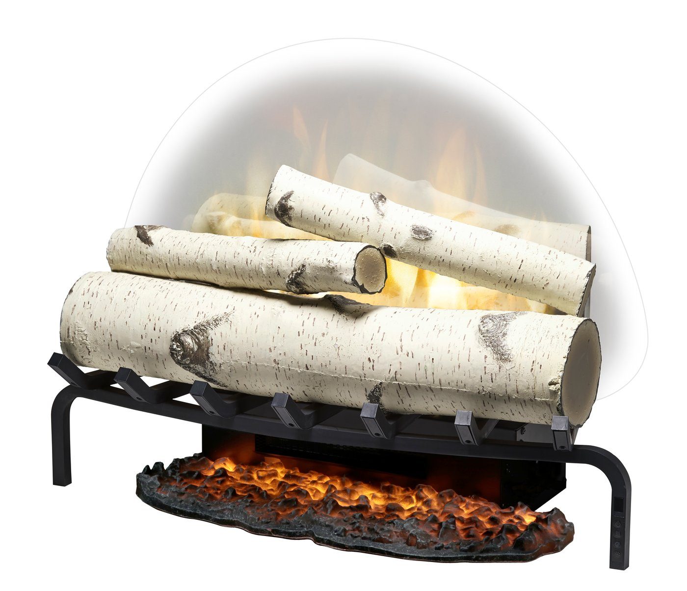 Close-up of birch-style electric fireplace log set with flames behind black grate