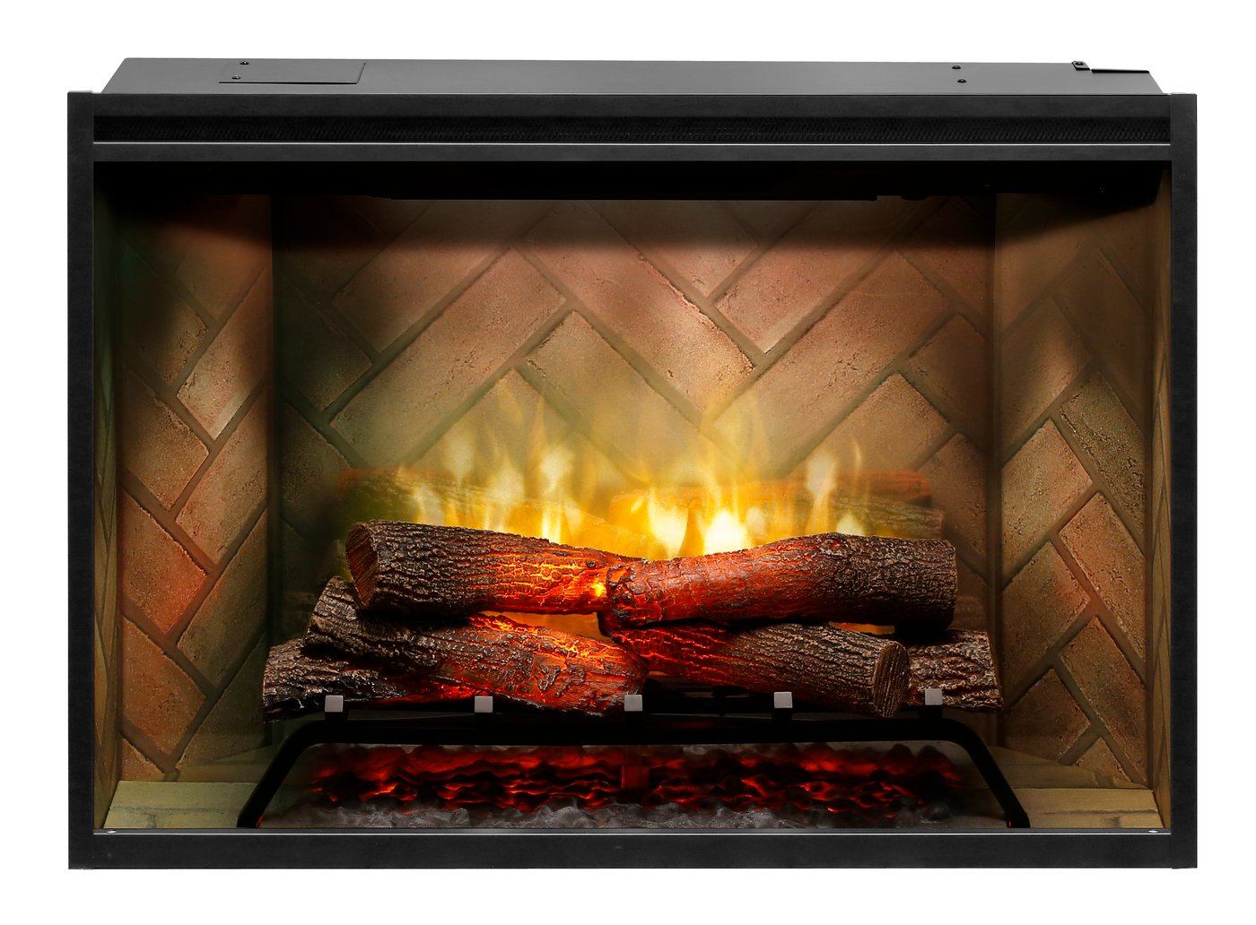 Built-in electric firebox front with glowing flames over stacked log set