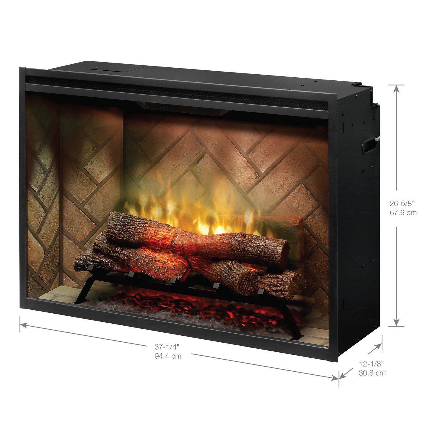 36-inch built-in electric firebox angled view with burning log set and flame glow