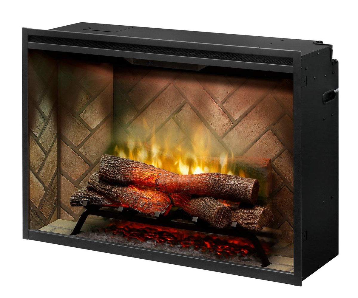 Built-in electric firebox with dark frame, glowing embers and burning log set