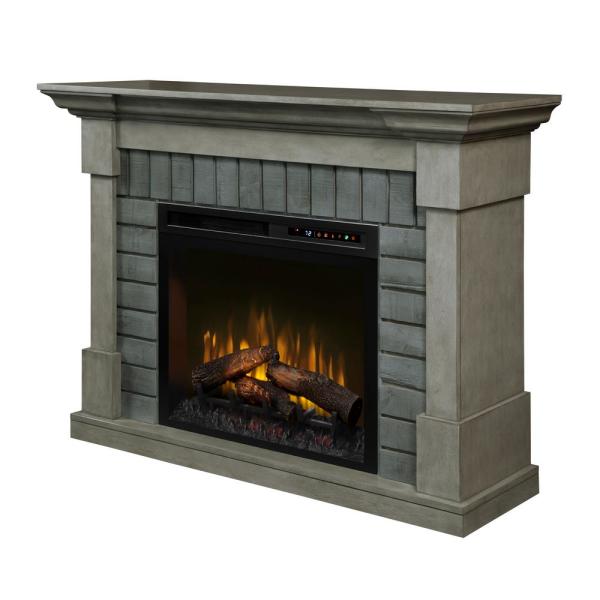 Smoke Stak grey electric fireplace mantel with black firebox and glowing log flames