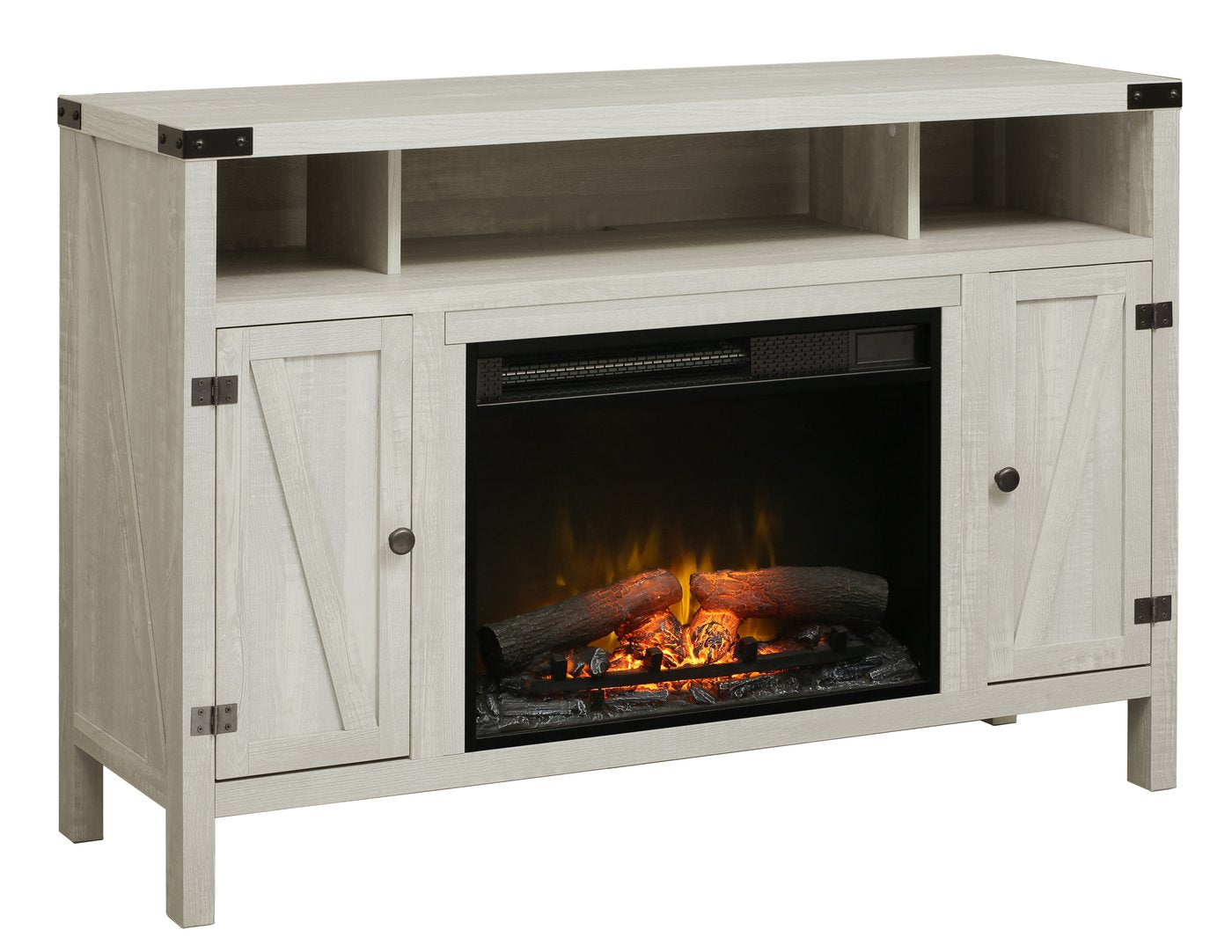 White media console electric fireplace with framed firebox and two paneled cabinet doors