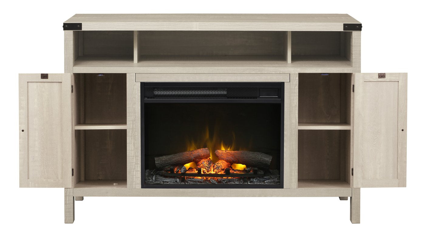 White media console electric fireplace with open side shelves and central firebox