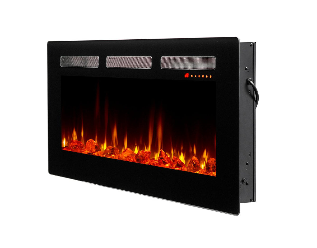 Black linear electric fireplace with side controls and flame window, angled view