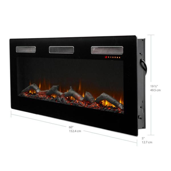 Black linear electric fireplace with side panel details and flame view