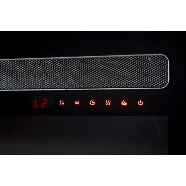 Black control panel with textured grille and red LED icons