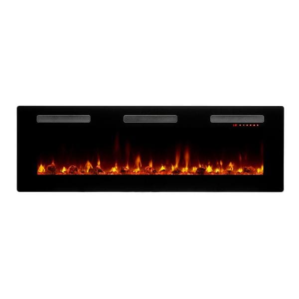 Black linear electric fireplace with bright flame line across the front