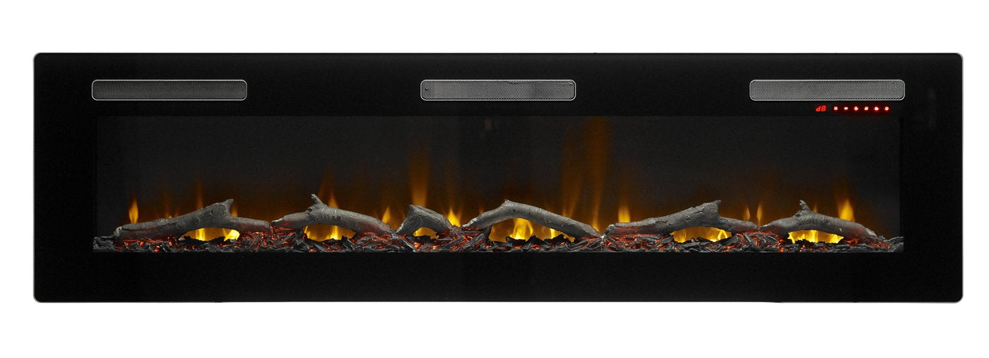 Black linear electric fireplace front view with orange flames over ember bed