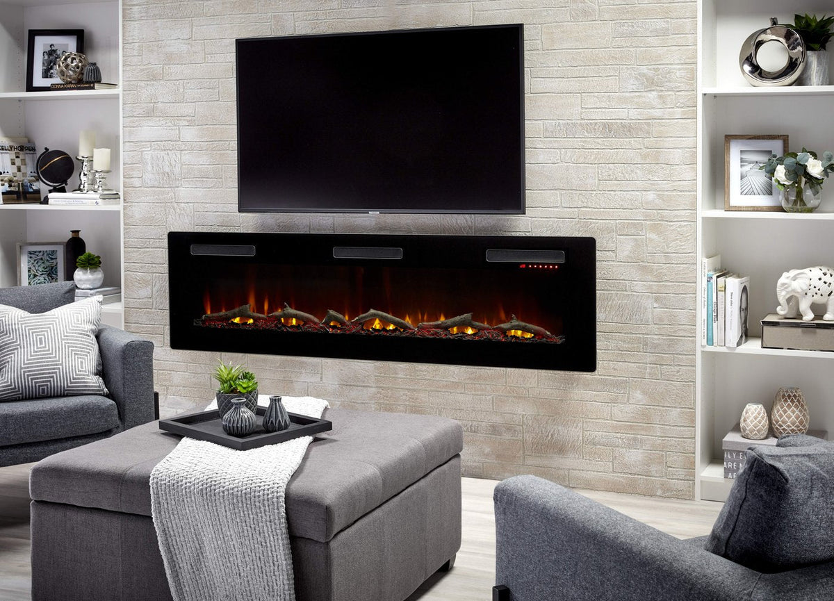 Black built-in linear electric fireplace insert with flame window