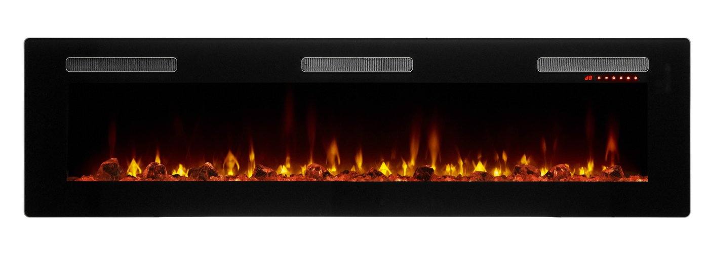 Black linear electric fireplace front view with bright orange flames and embers