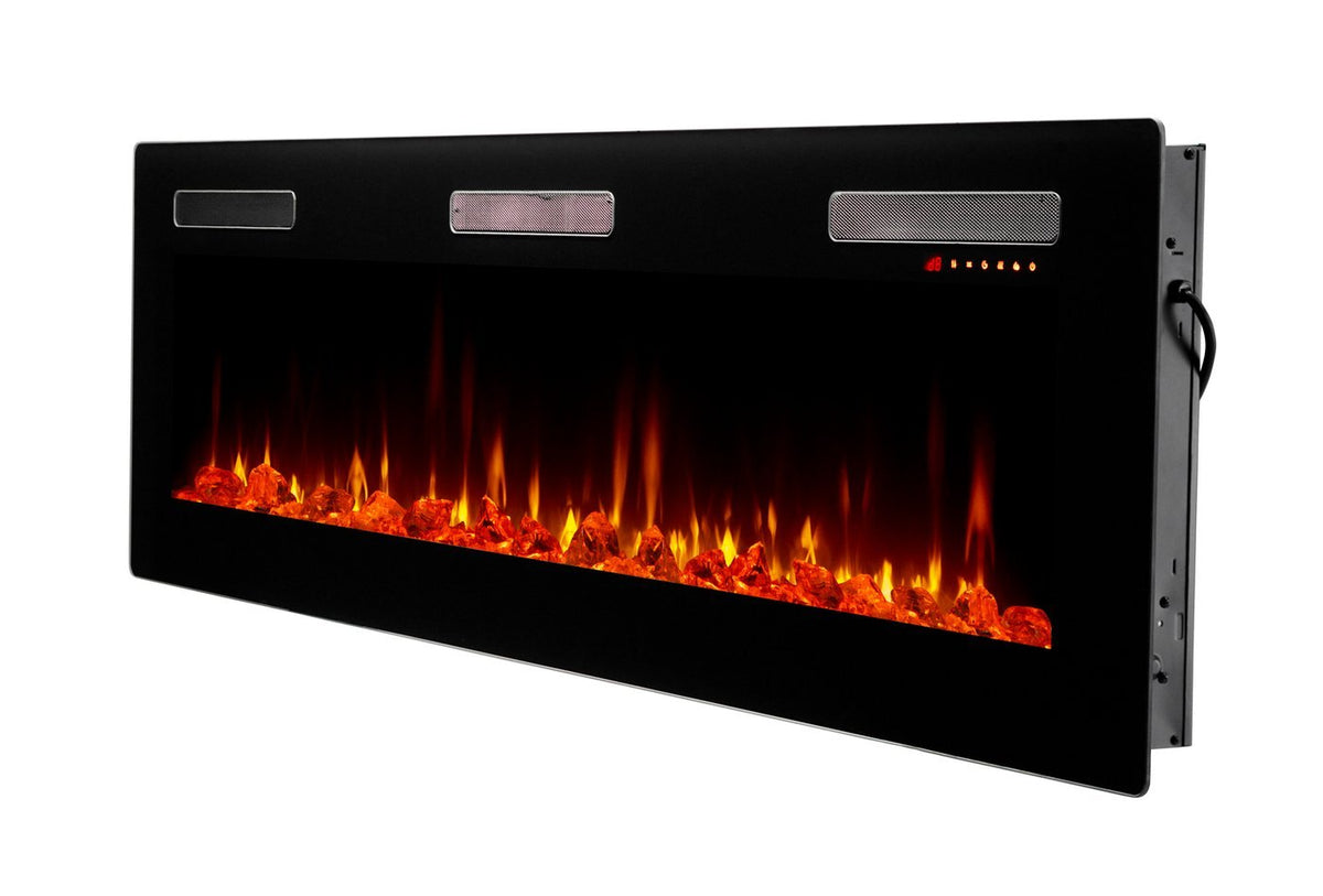 Black linear electric fireplace with glowing flame effect and front control panel