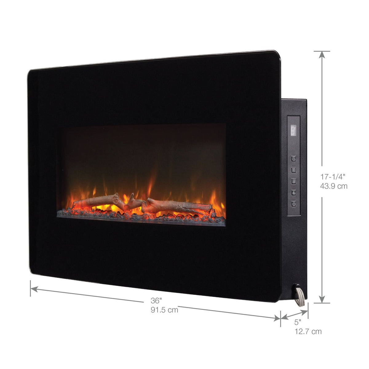 Black linear electric fireplace with dimensions shown (36 in, 17-1/4 in)