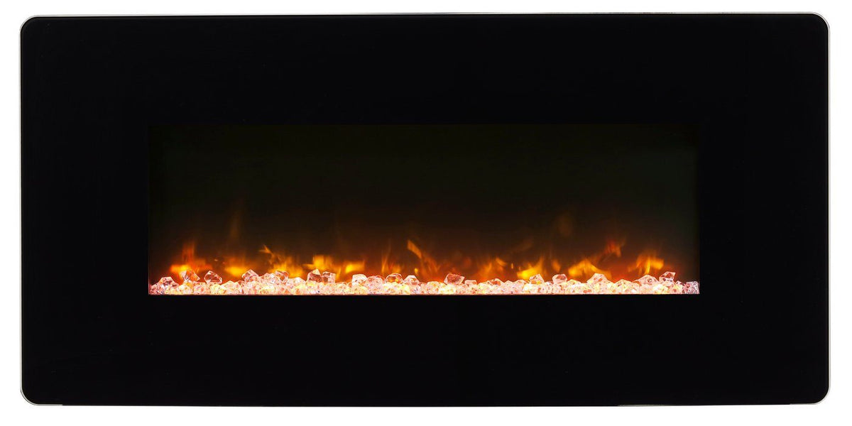 Black linear electric fireplace with bright ember flames across the log bed