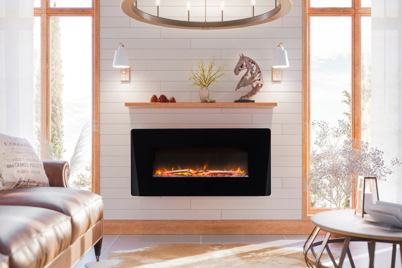 Black linear electric fireplace mounted on a white wall with flame display