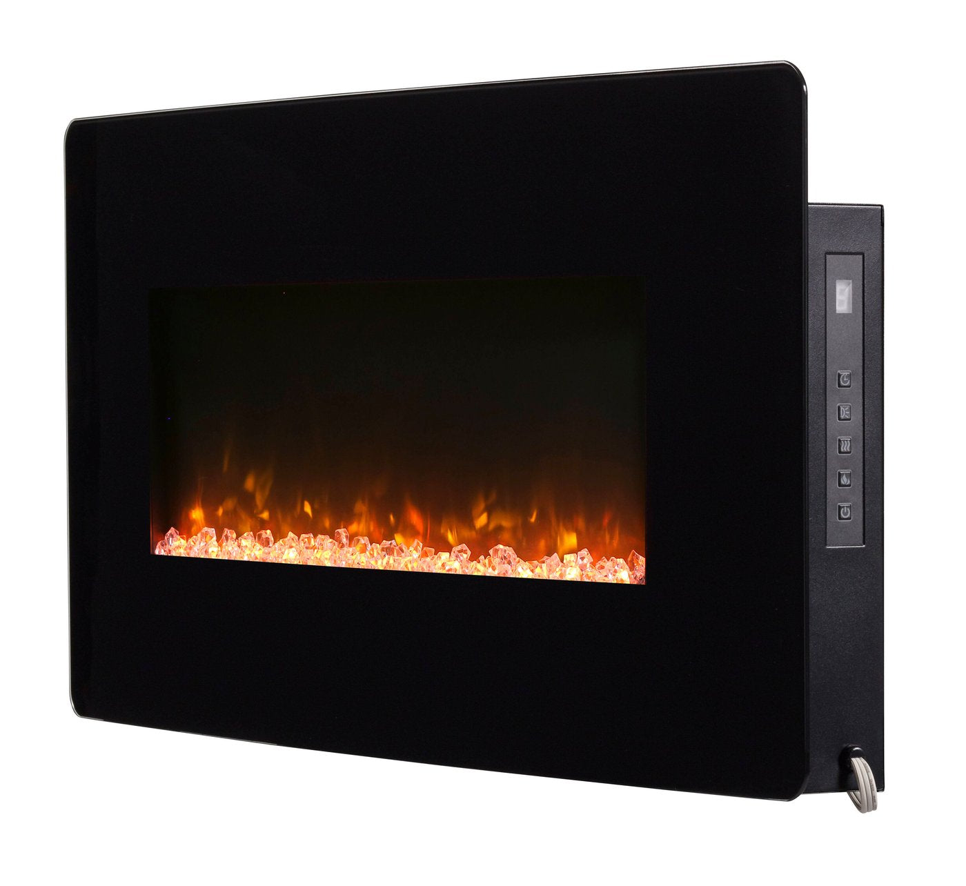 Black linear electric fireplace with flame screen and side control panel
