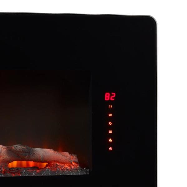 Black fireplace front close-up with red temperature LED (82°F) and flames