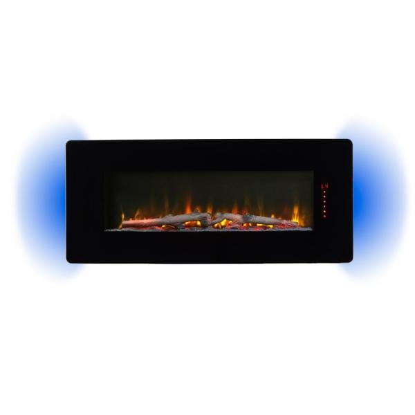 Black 42-inch linear electric fireplace with glowing flame bed and red LED display