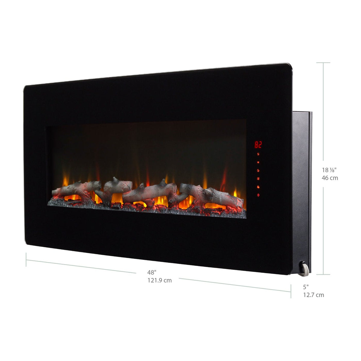 Black linear electric fireplace with flame window and red LED temperature display