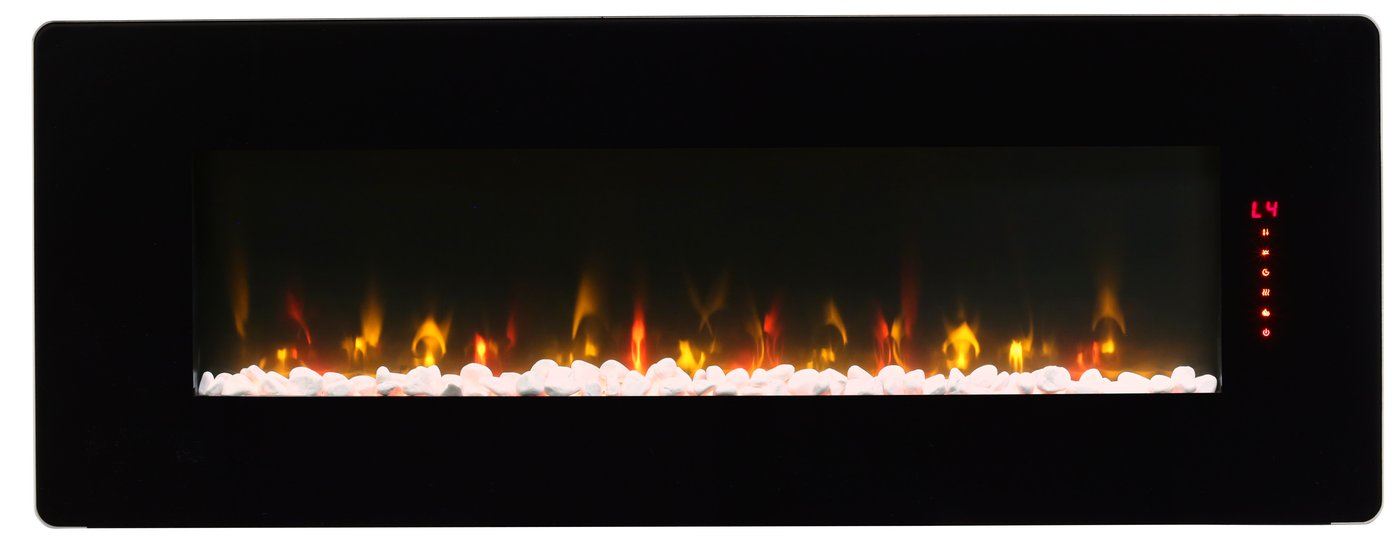 Black linear electric fireplace front panel with flame window and ember bed