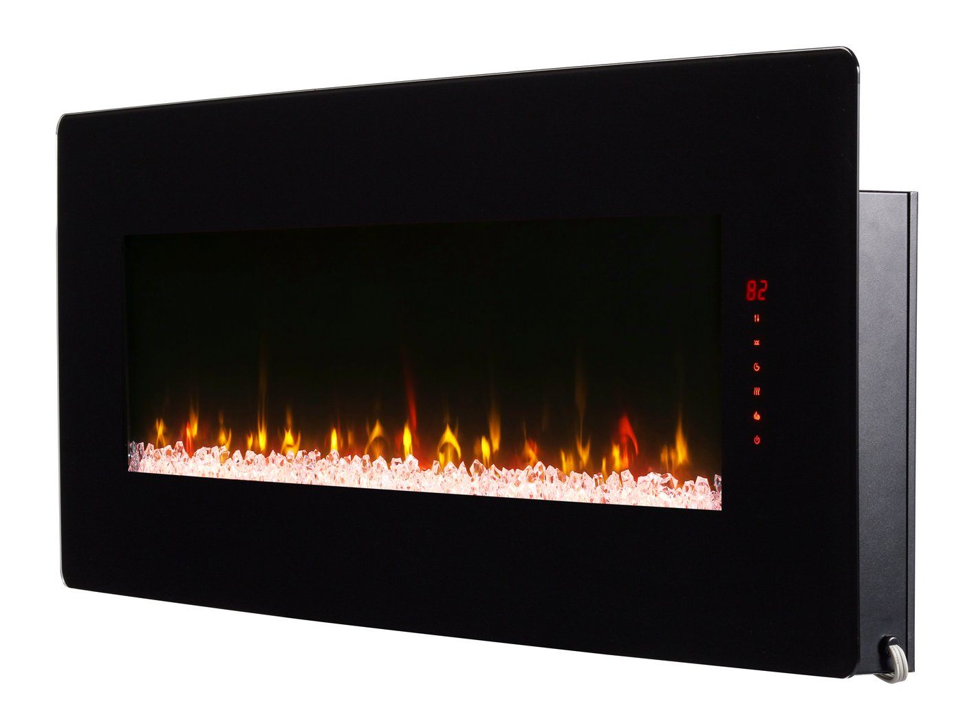 Black linear electric fireplace with flame window and side LED temperature display