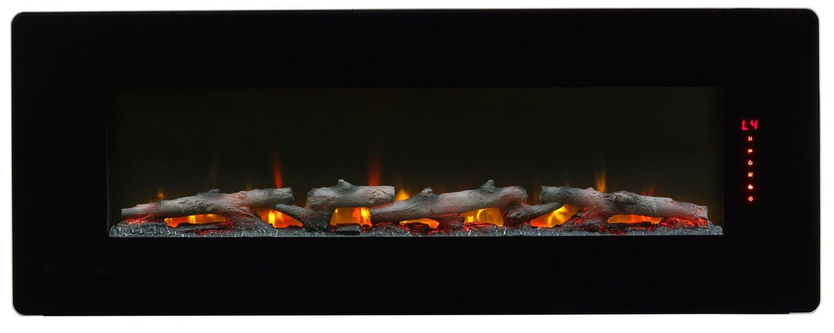 Black linear electric fireplace with flame window and red LED temperature display