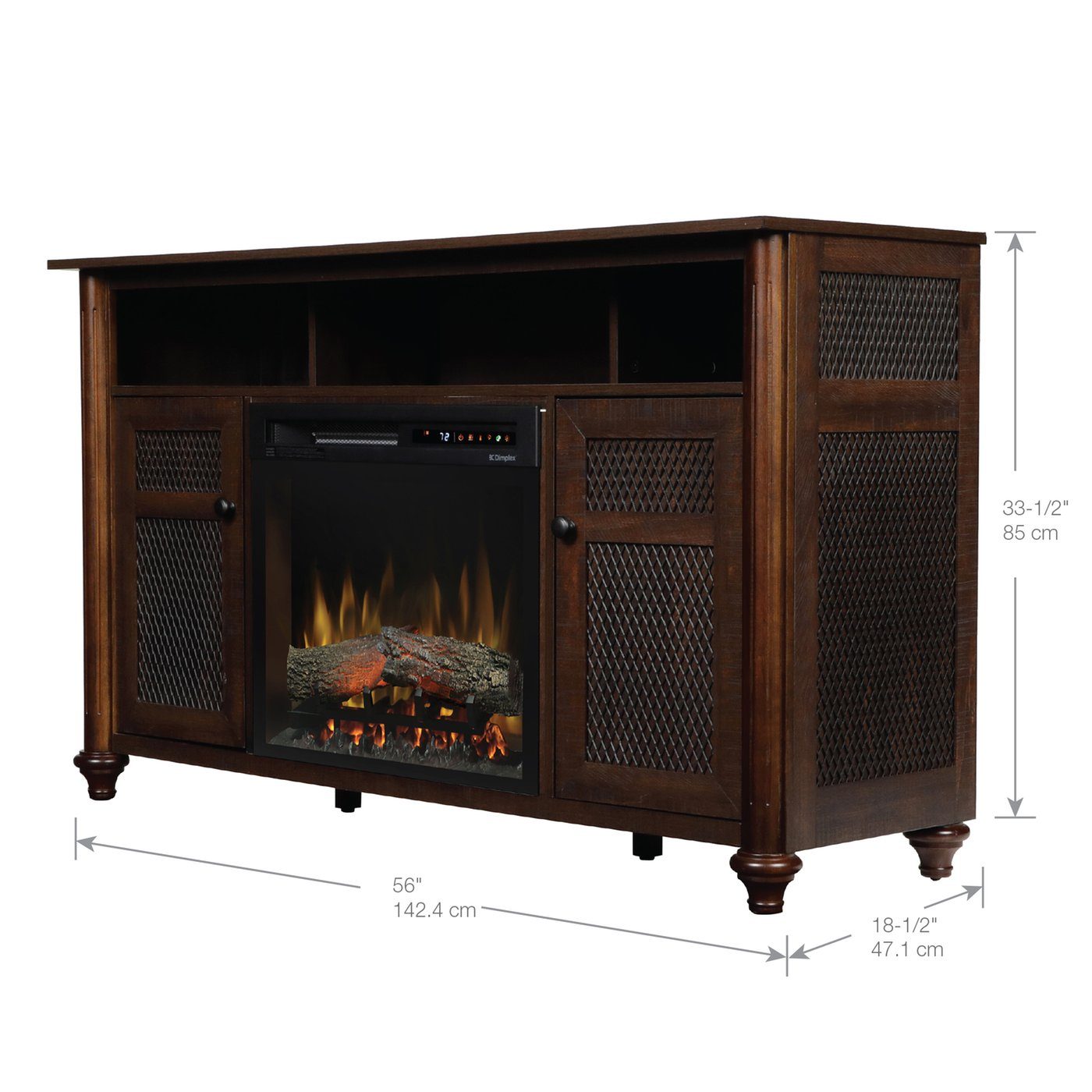 Warm grainery brown electric fireplace media console with mesh doors and log flame insert