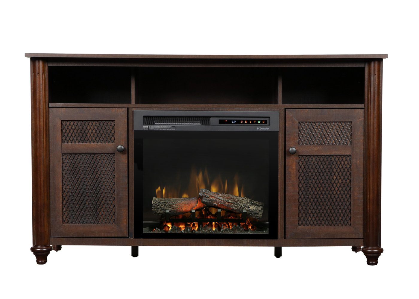 Warm brown electric fireplace media console with two side mesh cabinets and central viewing