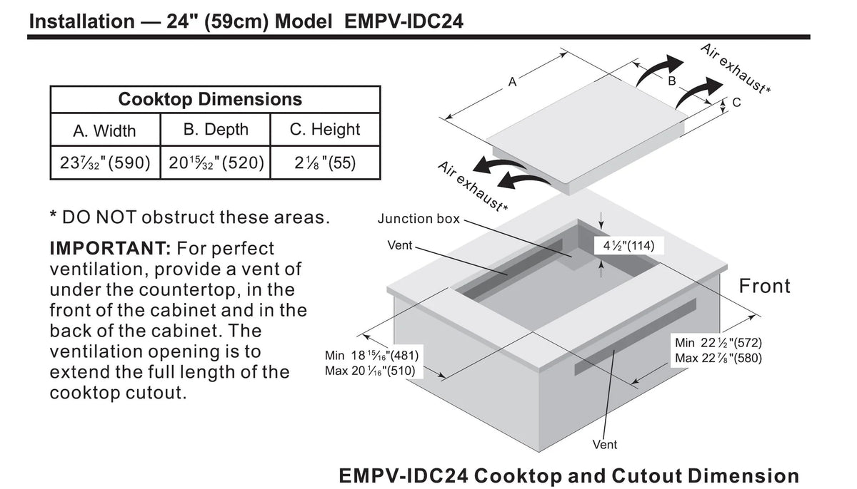 Induction cooktop installation and cutout dimension diagram for a 24-inch model