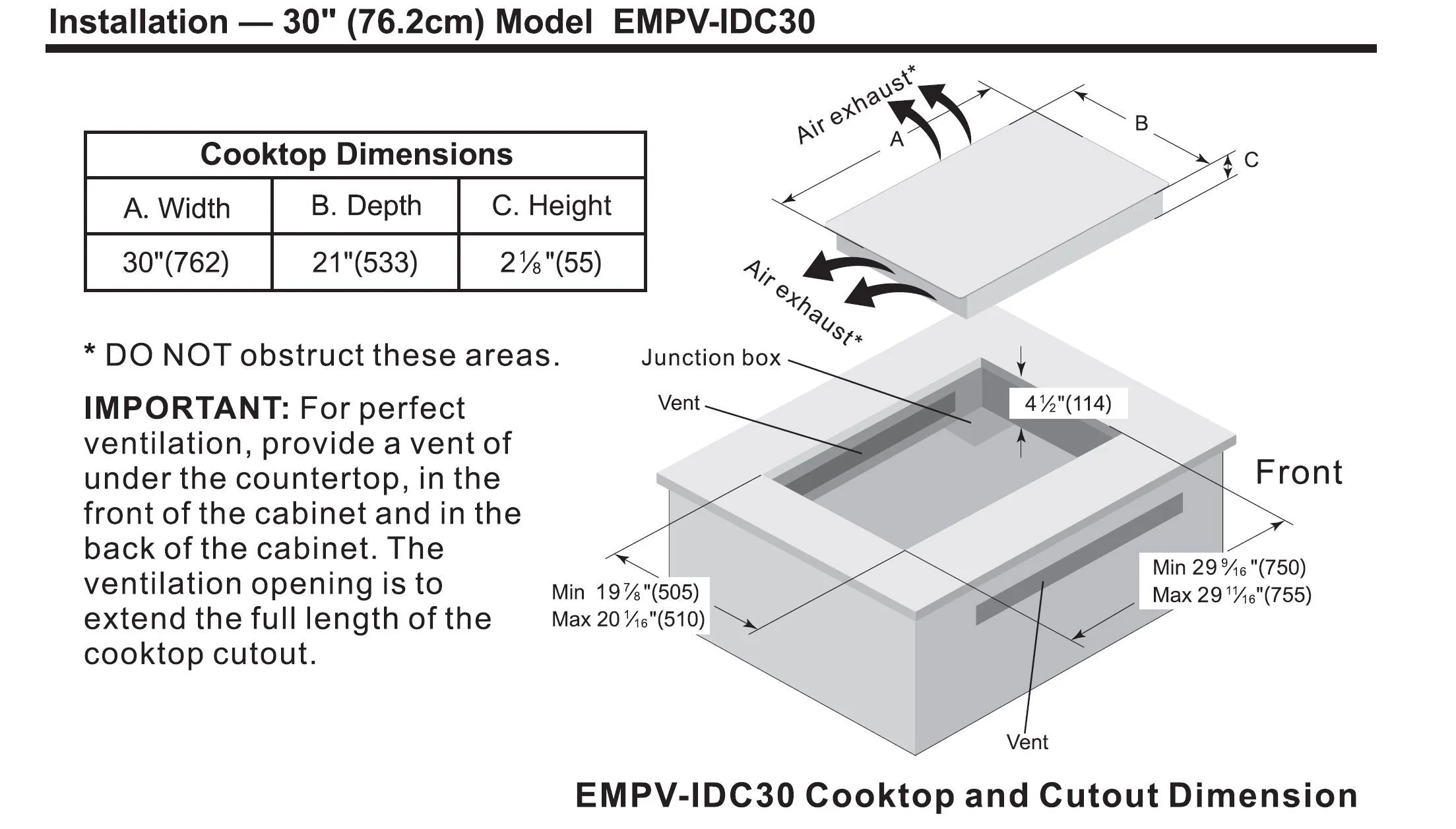 Induction cooktop installation diagram showing cutout dimensions and airflow notes