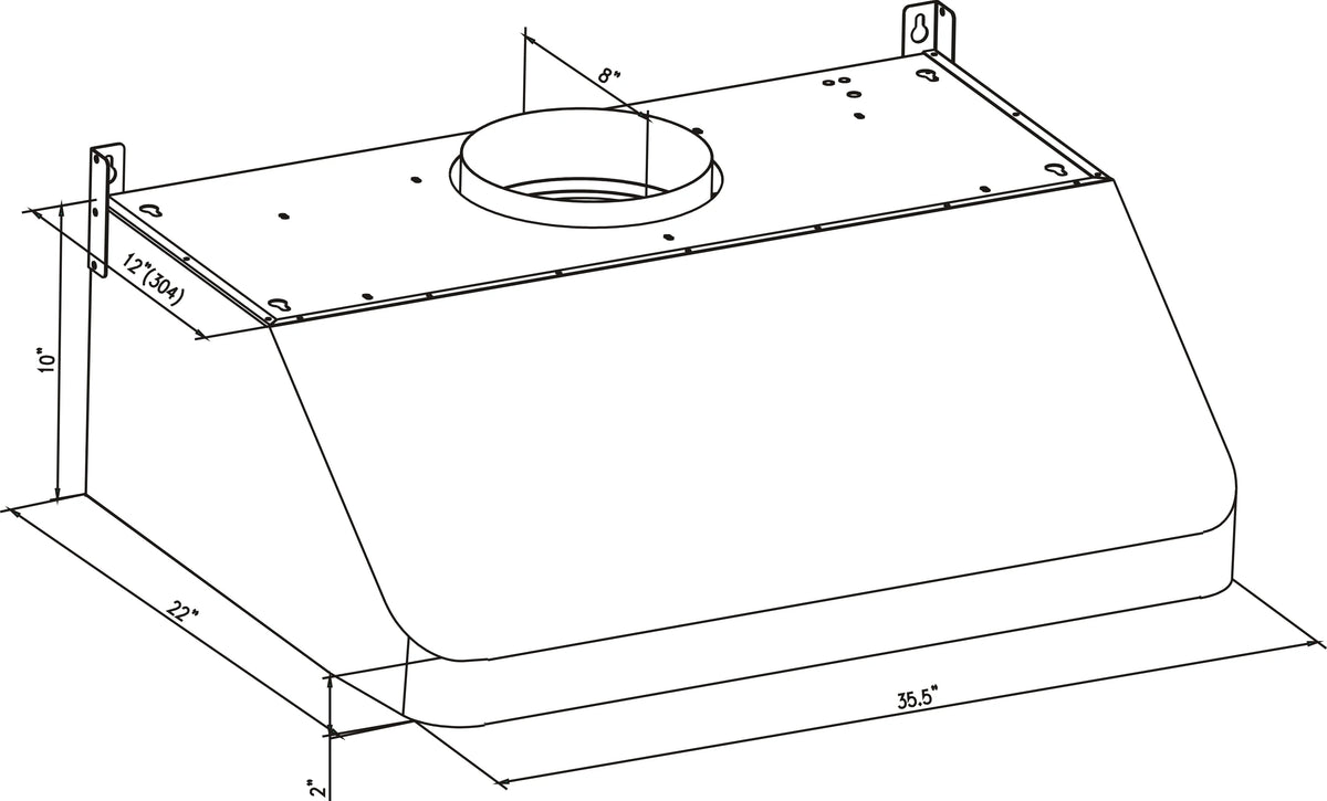 Ducted range hood underside dimensions drawing with duct collar and mounting points