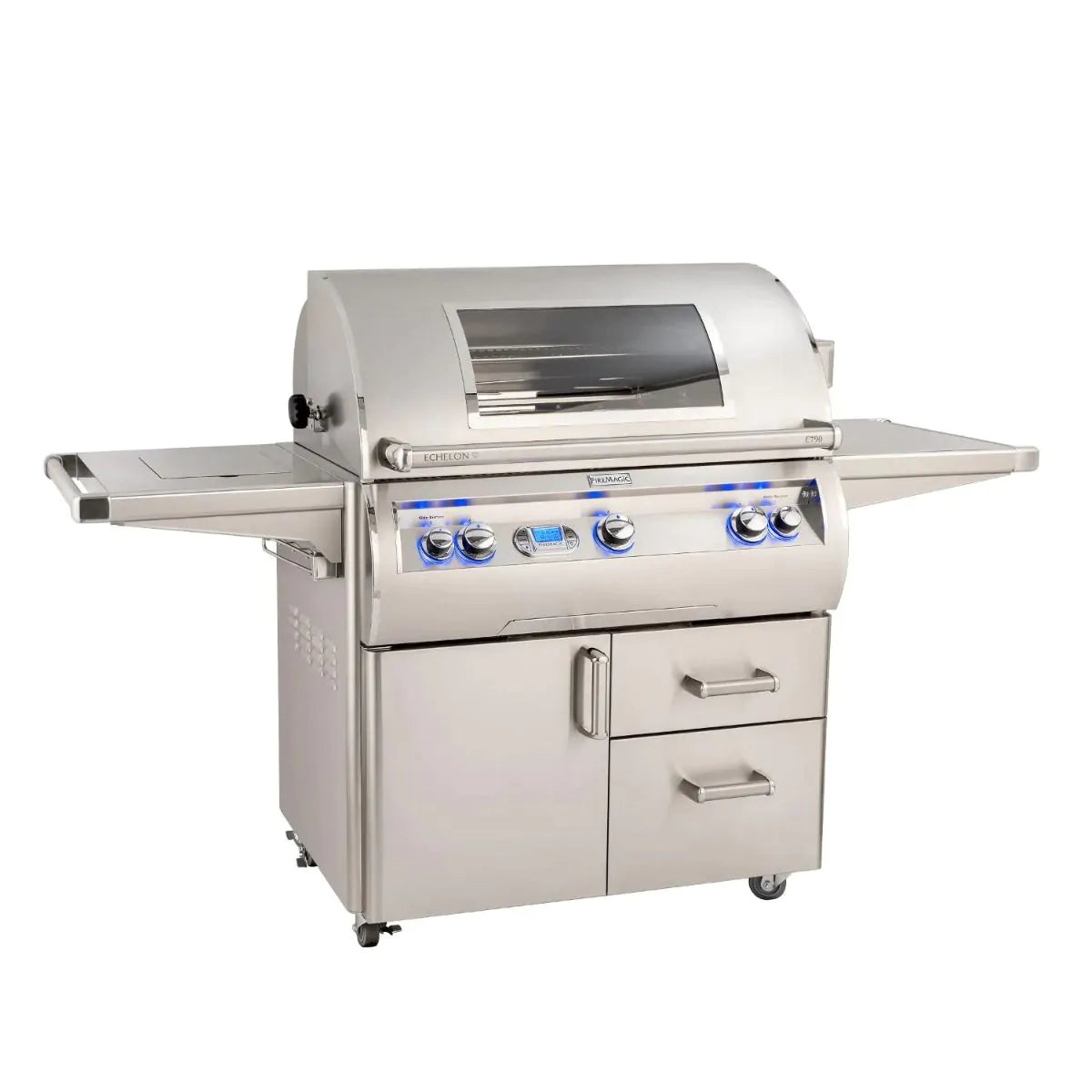 Stainless freestanding gas grill with control panel, rotisserie hood, and side shelf