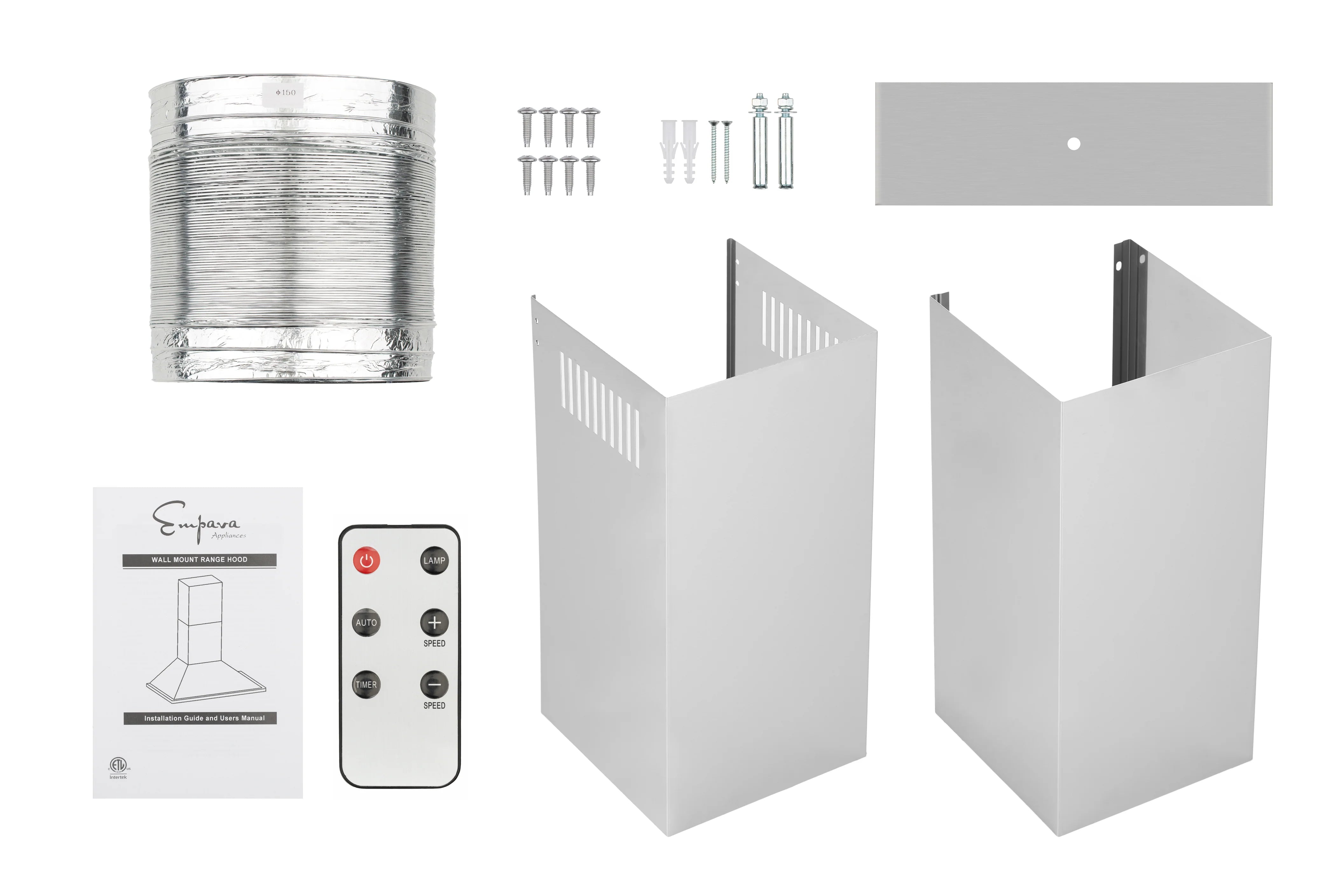 Range hood installation parts kit with duct cover sections and remote control